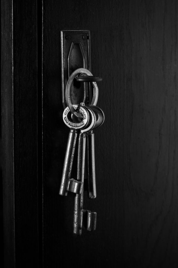 services-03 Monochrome image of vintage skeleton keys hanging from a dark wood door, evoking mystery.
