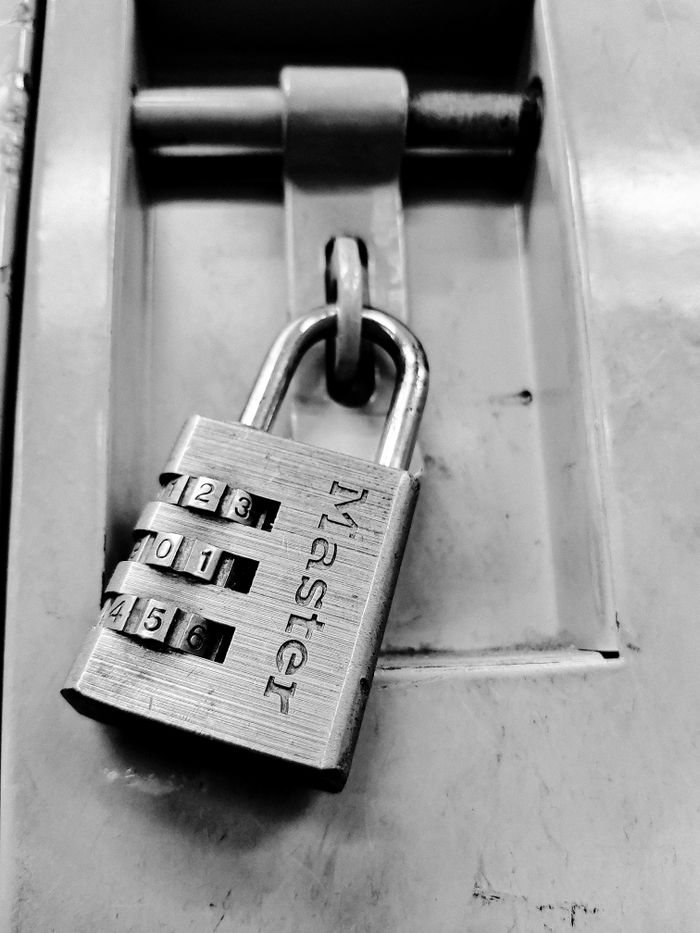 gallery-1 Black and white close-up of a combination padlock on a secure metal locker, symbolizing protection.